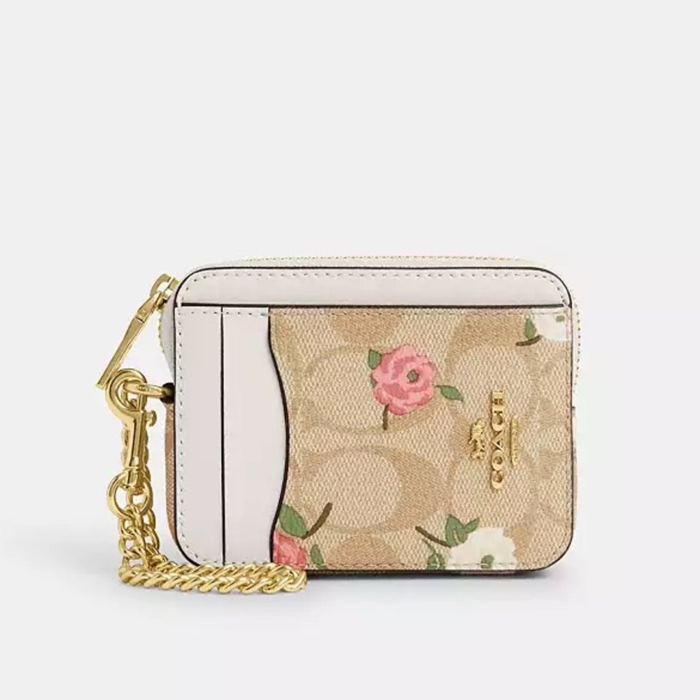 Coach Essential Chain Zip Card Case Wallet in Signature Canvas w/ Floral Print